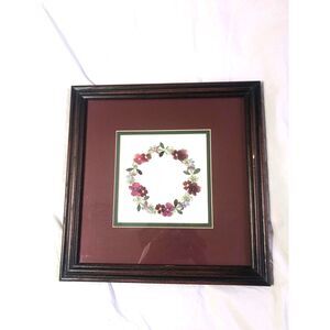Vintage 90 Signed Abigail Pressed Flower Wreath Framed Art Cottagecore Botanical
